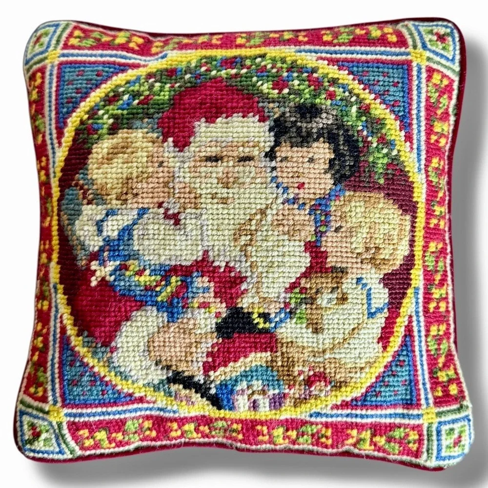 Vintage Needlepoint Pillow Christmas Santa Claus Children Holiday Decor Square‎